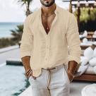 Camisa Masculina De Verão Leve E Respirável Em Algodão E Linho, Cor Sólida, Estilo Praia Com Botões