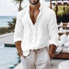 Camisa Masculina De Verão Leve E Respirável Em Algodão E Linho, Cor Sólida, Estilo Praia Com Botões