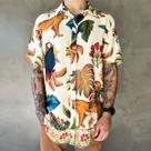 Camisa Masculina Estampada De Botão Manga Curta Onça Casual Viscose