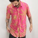 Camisa Masculina Estampada De Botão Rosa Manga Curta Tropical Viscose