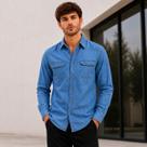 Camisa Masculina Jeans Social Manga Longa Com Punho