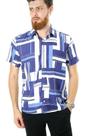 Camisa Masculina Manga Curta Viscose Modelagem Regular Formas Branco Azul Camisa Masculina Manga Curta Viscose Modelagem Regular Formas Branco Azul