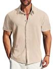 Camisa masculina MAPICK, de linho, manga curta, com botões, cáqui claro Camisa masculina MAPICK, de linho, manga curta, com botões, cáqui claro