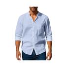 Camisa Masculina Slim Fit De Algodão E Linho Com Gola Henley, Leve, Respirável, Manga Comprida E Com Camisa Masculina Slim Fit De Algodão E Linho Com Gola Henley, Leve, Respirável, Manga Comprida E Com