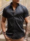 Camisa Masculina Slim Manga Curta Preta Acetinada - Conquest