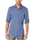 Camisa Perry Ellis para Hombre con Mangas Enrolladas 100% Lino Azul Delft