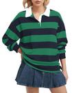 Camisa polo feminina Lenader de manga comprida listrada verde-azul marinho