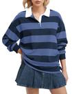 Camisa polo feminina Lenader, manga comprida, listrada, casual, cinza marinho