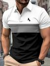 Camisa Polo Masculina Estilo Esportivo De Manga Curta Com Estampa 3D De Cavalo E Listras Em Bloco De