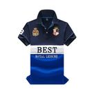 Camisa Polo Slim Fit Masculina Com Bordado E Patchwork Em Cores Contrastantes, Moda Clássica Em