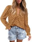 Camisa PRETTYGARDEN Decote V com Botões Manga Longa Renda Caqui P