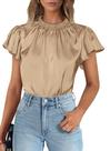 Camisa PRETTYGARDEN Verão 2025 Cetim com Babados Caqui XL