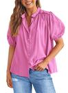 Camisa PRETTYGARDEN Verão Botões Decote V Algodão Rosa Chá P