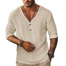 Camisa Rela Bota masculina de linho de manga curta com decote em V cáqui tamanho L