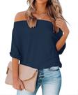 Camisa REVETRO Cold Shoulder, gola larga, azul marinho, grande