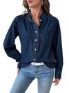 Camisa Sidefeel Denim para mulheres com babados, manga comprida, azul XXL