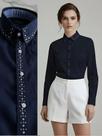 Camisa Social Feminina com Linha de Strass Premium Azul Marinho Gola e Peito Blusa de Luxo Manga Longa Elegante Tamanho: