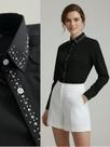Camisa Social Feminina com Linha de Strass Premium Preto Gola e Peito Blusa de Luxo Manga Longa Elegante Tamanho:P