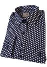 Camisa social feminina manga longa slim azul marinho e branco Coleção Prime Flor