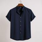 Camisa Social Gola Padre Masculina Manga Curta Aspecto Linho