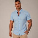 Camisa Social Masculina Gola Padre Manga Curta Aspecto Linho
