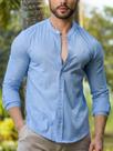 Camisa Social Masculina Slim de Linho Azul Premium Gola Padre Conquest