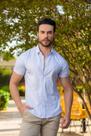Camisa Social Masculina Slim Manga Curta Branca Quadriculada Azul - Conquest
