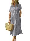 Camisa, vestido, boho, listrado, com botões, comprimento médio, cinza, algodão
