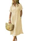 Camisa, vestido, boho, listrado, com botões, comprimento médio e bolsos Camisa, vestido, boho, listrado, com botões, comprimento médio e bolsos