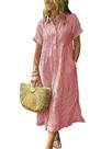 Camisa, vestido, boho, listrado, com botões, comprimento médio e bolsos