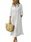 Camisa, vestido, boho, listrado, manga 3/4, algodão de comprimento médio