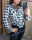 Camisa xadrez preto branco botões feminina