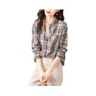 Camisa xadrez retrô para mulher, puro algodão, elegante, primavera e outono, nova