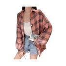 Camisa Xadrez Vintage Feminina - Manga Comprida, Estilo Preppy, Blusa Solta para Outono
