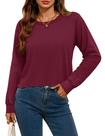 Camisas de manga comprida YUCOLEN para mulheres com gola redonda, vinho vermelho, XXL