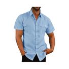 Camisas Masculinas Plus Size de Algodão e Linho - Manga Curta, Gola Alta, Casual