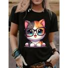 Camiseta Algodão Feminina Casual Básica Tendência Gato IA Camiseta Algodão Feminina Casual Básica Tendência Gato IA