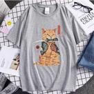Camiseta Básica Algodão Unissex Gatinho Katana na Boca Estilo Japonês