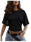 Camiseta casual Crop Top BEAUDRM Y2k Sexy Ruched Dolman preta Camiseta casual Crop Top BEAUDRM Y2k Sexy Ruched Dolman preta
