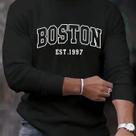 Camiseta Casual De Algodão Para Homens Em Tamanho Plus, Manga Longa, Estampa De Letras Boston, Camiseta Casual De Algodão Para Homens Em Tamanho Plus, Manga Longa, Estampa De Letras Boston,