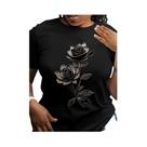 Camiseta Casual Feminina Com Estampa Floral E Gola Redonda, Micro Elasticidade, Essenciais Para Camiseta Casual Feminina Com Estampa Floral E Gola Redonda, Micro Elasticidade, Essenciais Para
