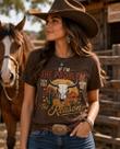 Camiseta Casual Marrom Estampa Country Cacto Texas Frase Inglês