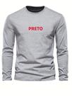 Camiseta Casual Masculina plus Size Preta De Algodão Com Manga Longa Confortável, Gola Redonda E