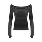 Camiseta Cinza de Manga Longa com Listras - Estilo Coreano - Ajuste Fino