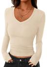 Camiseta Cropped de Manga Longa PRETTYGARDEN Feminina com Decote V