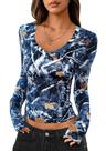 Camiseta Cropped Decote V Profundo PRETTYGARDEN Outono 2025 Azul Escuro Camiseta Cropped Decote V Profundo PRETTYGARDEN Outono 2025 Azul Escuro
