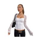 Camiseta Cropped Feminina De Manga Longa Com Gola Quadrada, Renda E Estampa Floral, Transparente,