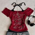 Camiseta Cropped Feminina Y2K Sem Mangas Estampada Anime Harajuku Doce Sexy Casual Vermelha