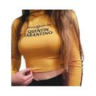 Camiseta Cropped Sexy Feminina De Manga Longa Com Gola Alta E Listras Laterais Em Algodão Tricotado