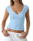Camiseta curta feminina Cioatin Basic Solid com decote em V azul